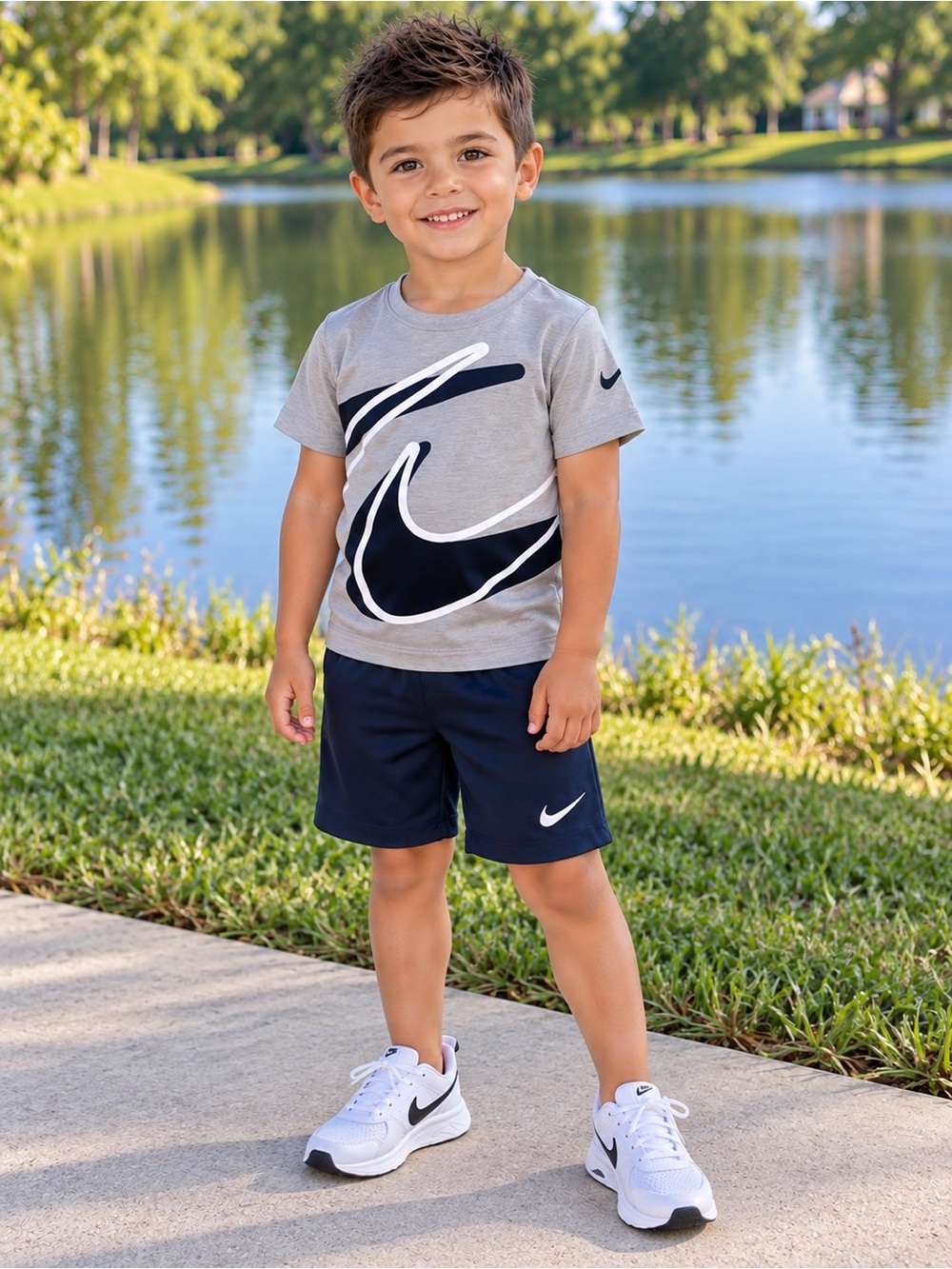 Nike Boys 2PC Dri-FIT Athletic Set Size 4 Gray Swoosh Shirt Navy Shorts NWT
